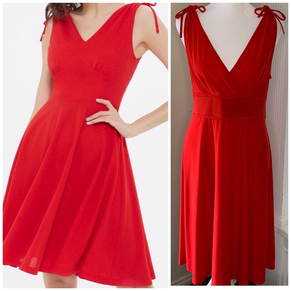 Leona Edmiston sleeveless red fit & flare dress w/removable ribbon shoulder ties